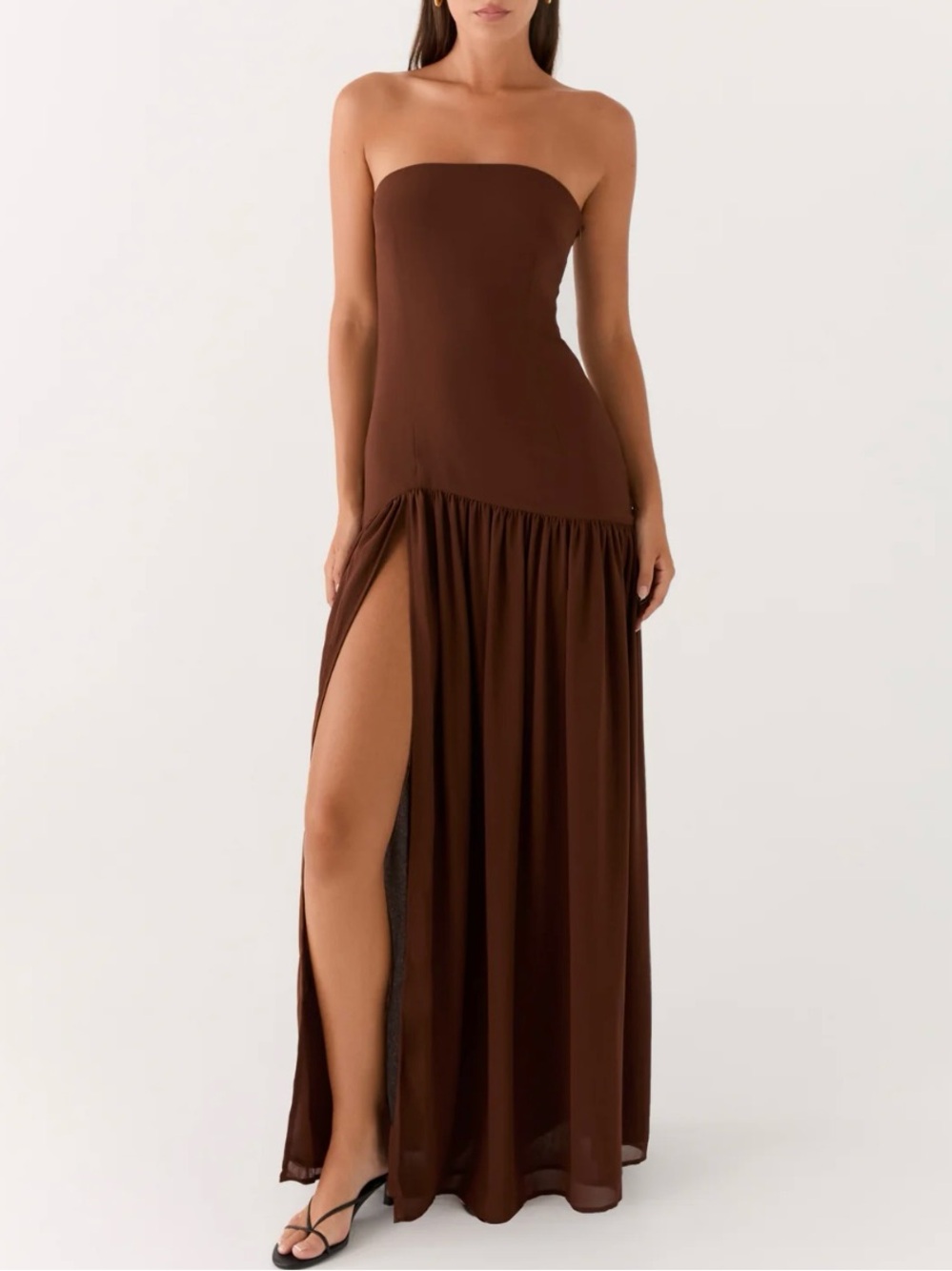 Peppermayo Eden Strapless Maxi Dress Strapless Maxi Dress in Brown w/ Slit
